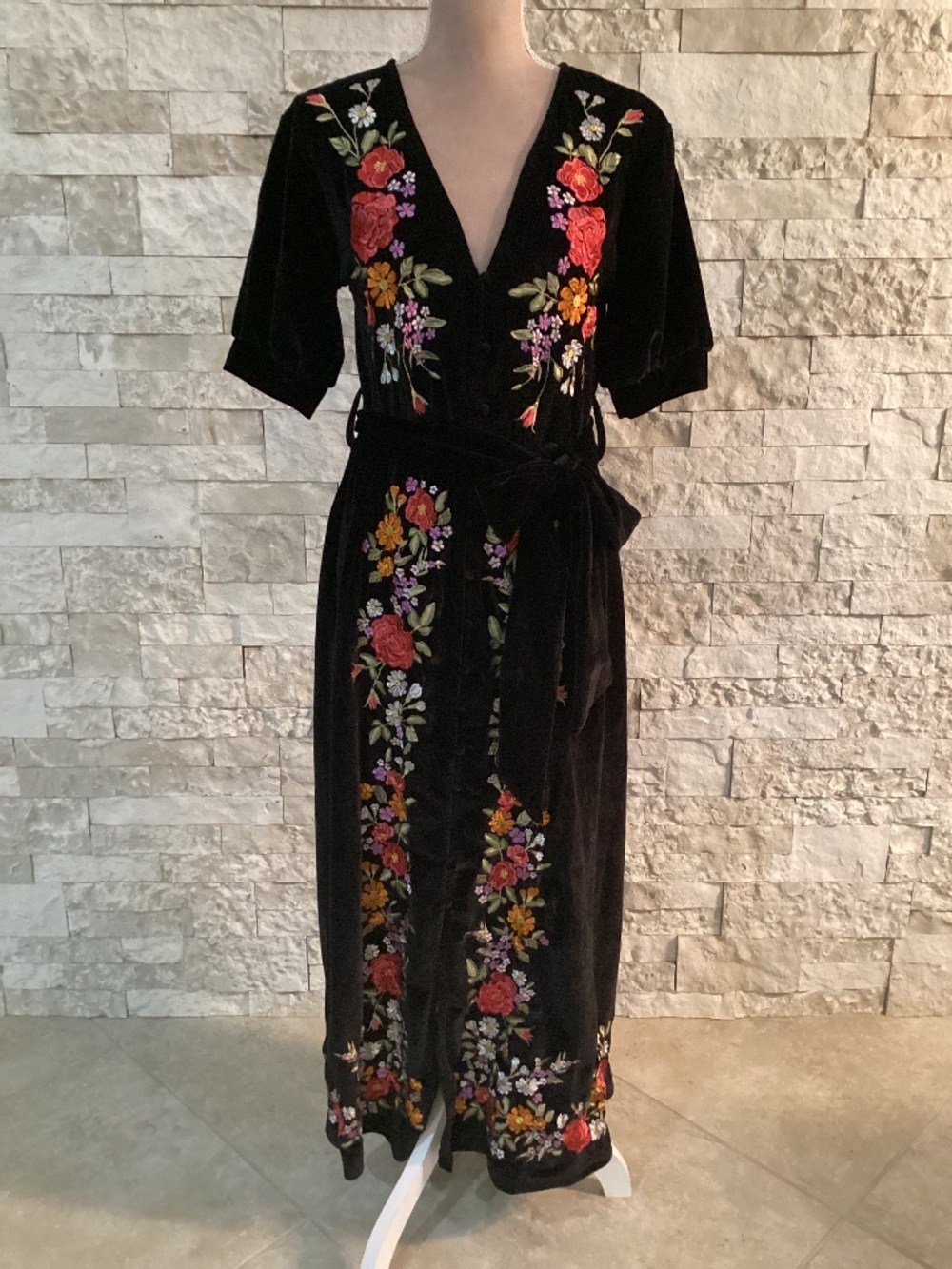 ASOS Black Velvet Short Sleeve Multicolored Floral Embroidered Midi Tea Dress